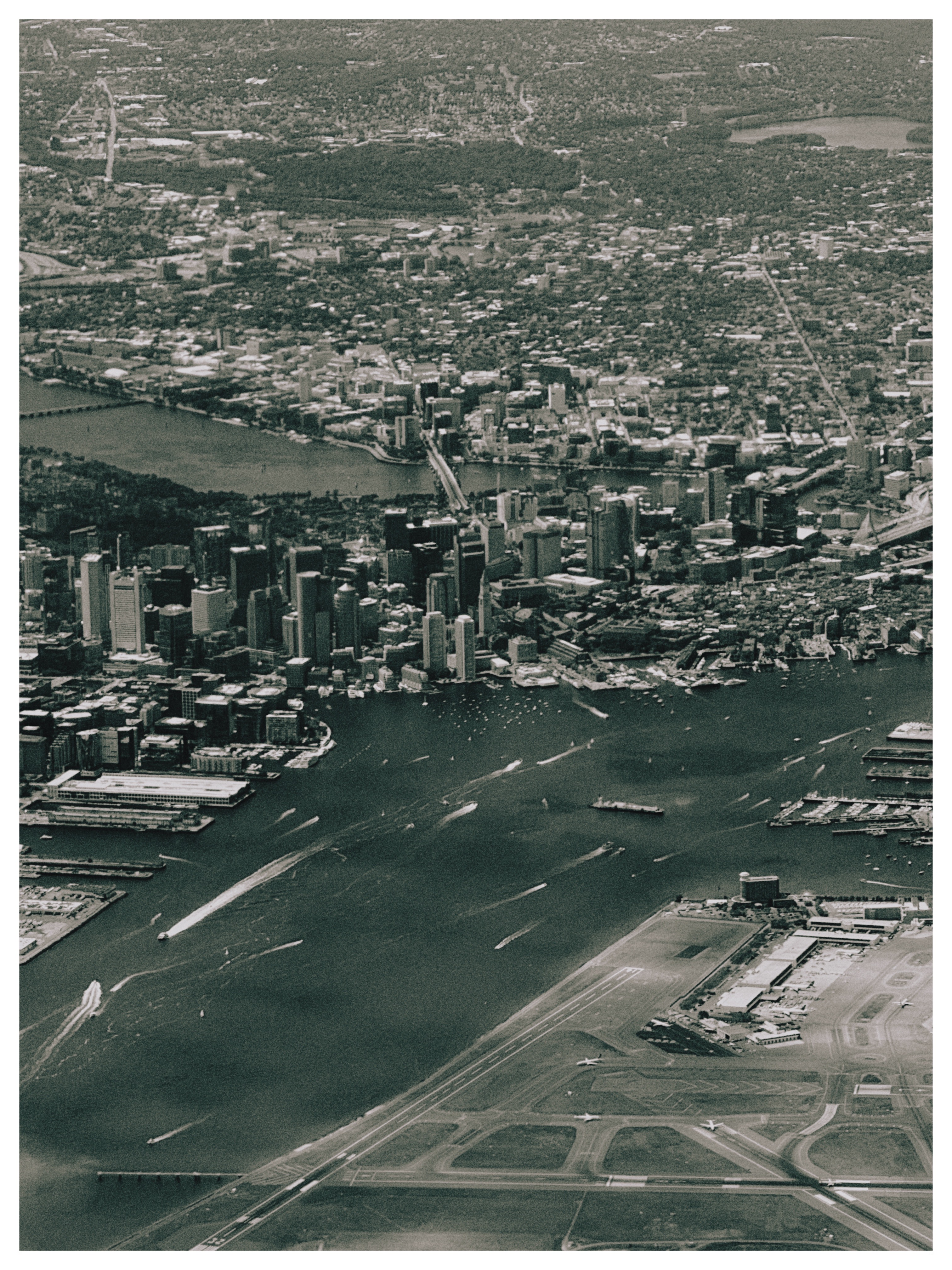 Boston from the air, black and white